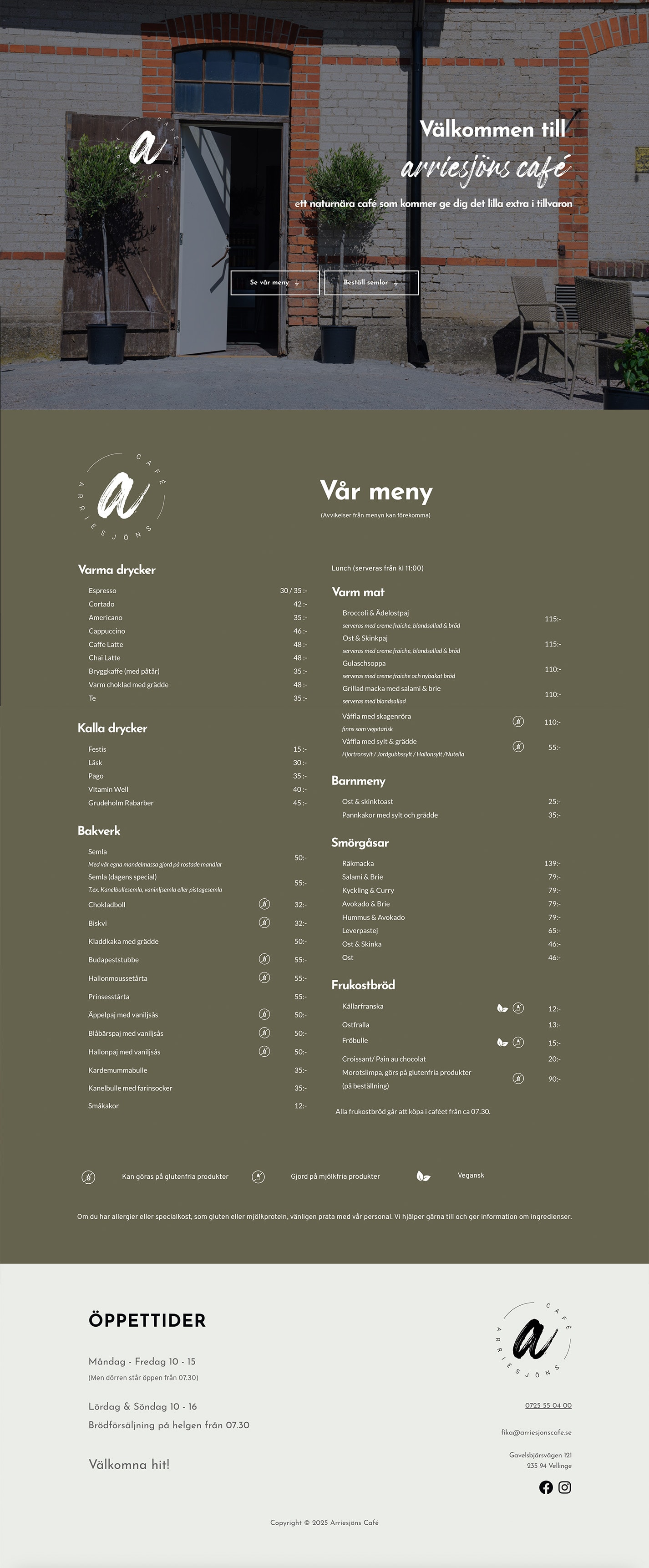 Arriesjöns Cafés webbplats på desktop